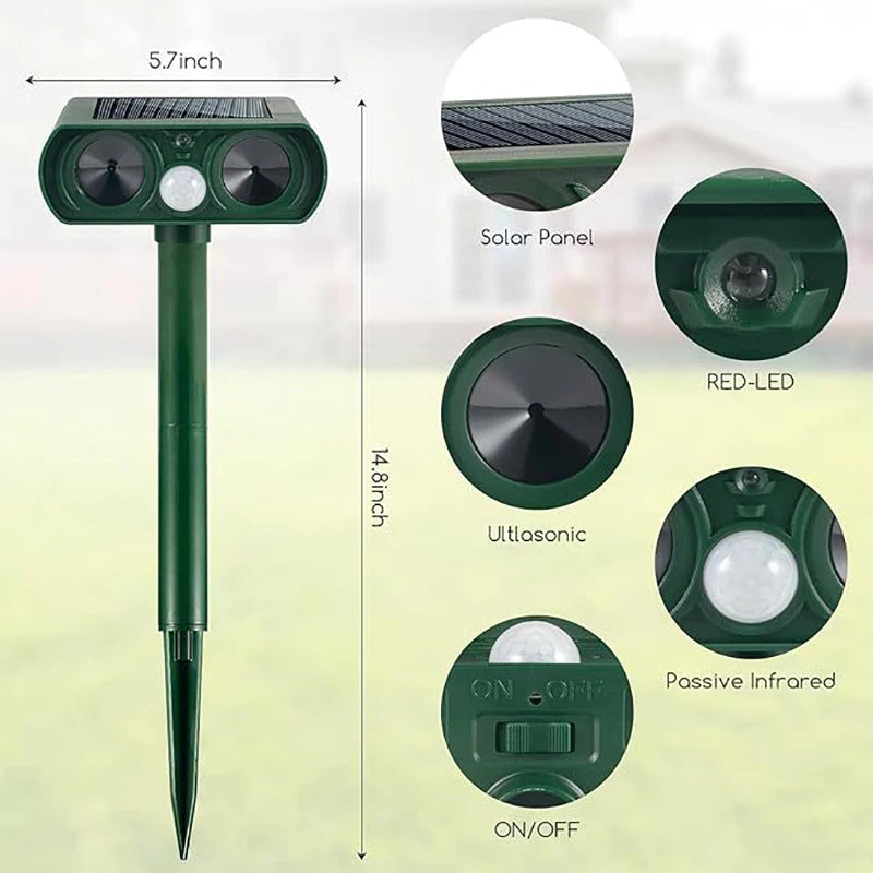 Solar Ultrasonic Animal Repeller – Waterproof Outdoor Deterrent for Cats, Dogs, Snakes, Birds & More